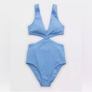 NWT 🎉 Aerie Ribbed Mix Crossover Cut Out One Piece Swimsuit in Blue Lion - S